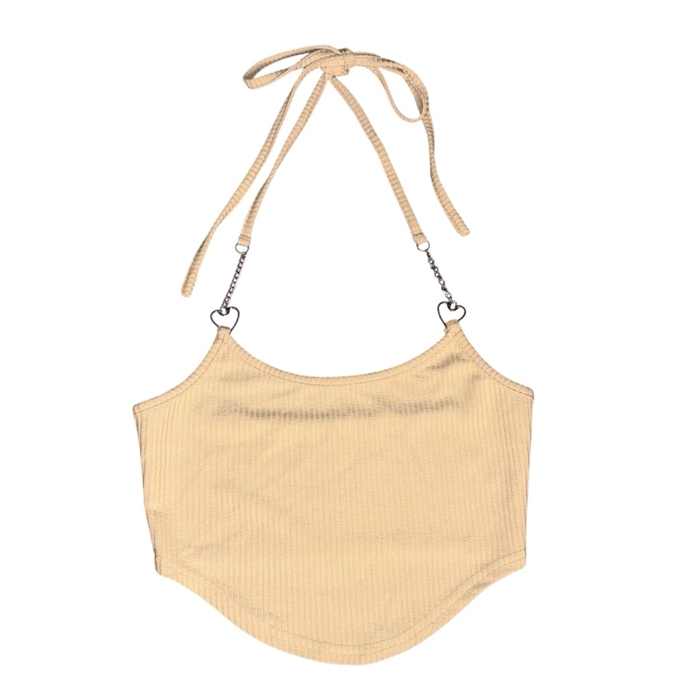Creamy Beige Ribbed Halter Crop Top w/ Heart Chain Straps